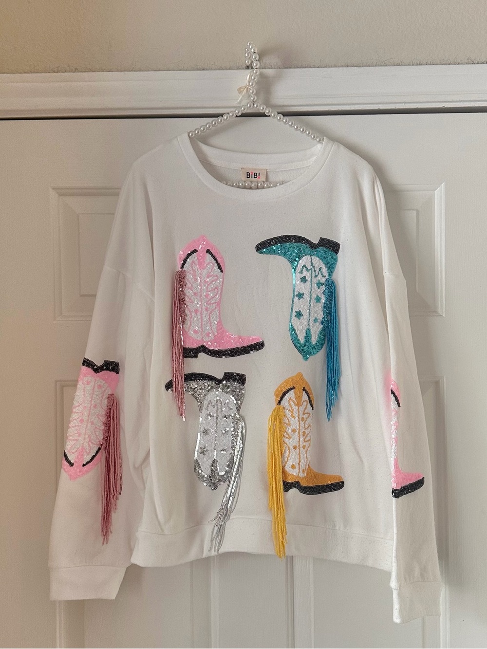 Bibi White Sequin Boot Sweatshirt